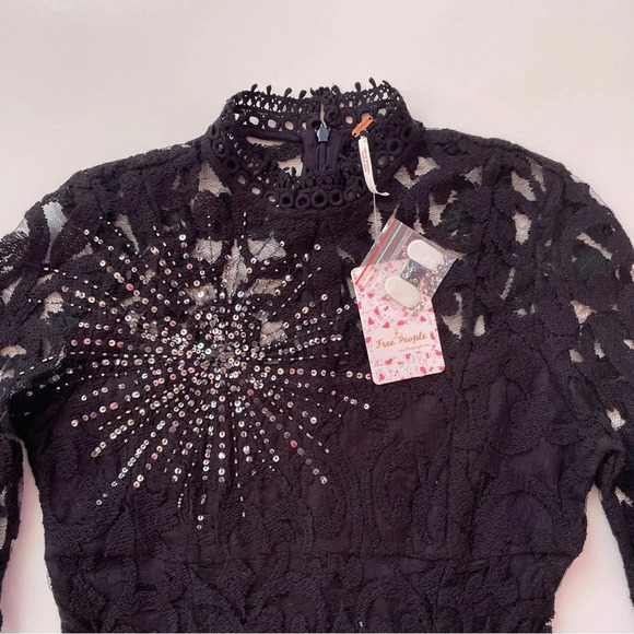 FREE PEOPLE North Star Black Lace Bell Sleeve Sequin Mini Dress Size 0 - Picture 7 of 16
